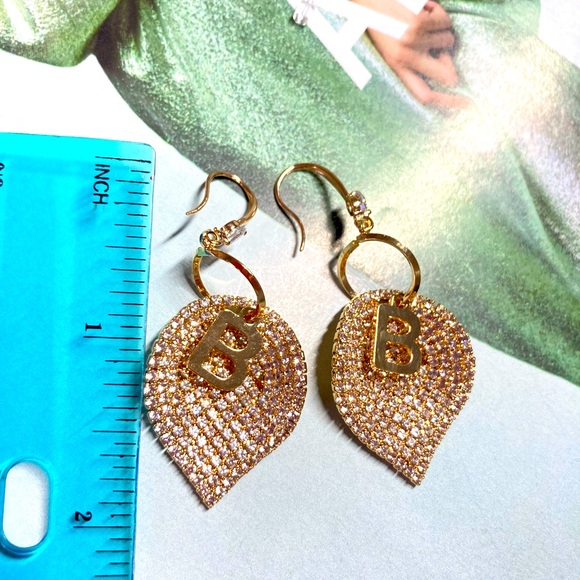 Gold Tone Crystals B Leaves Earrings - Picture 2 of 2
